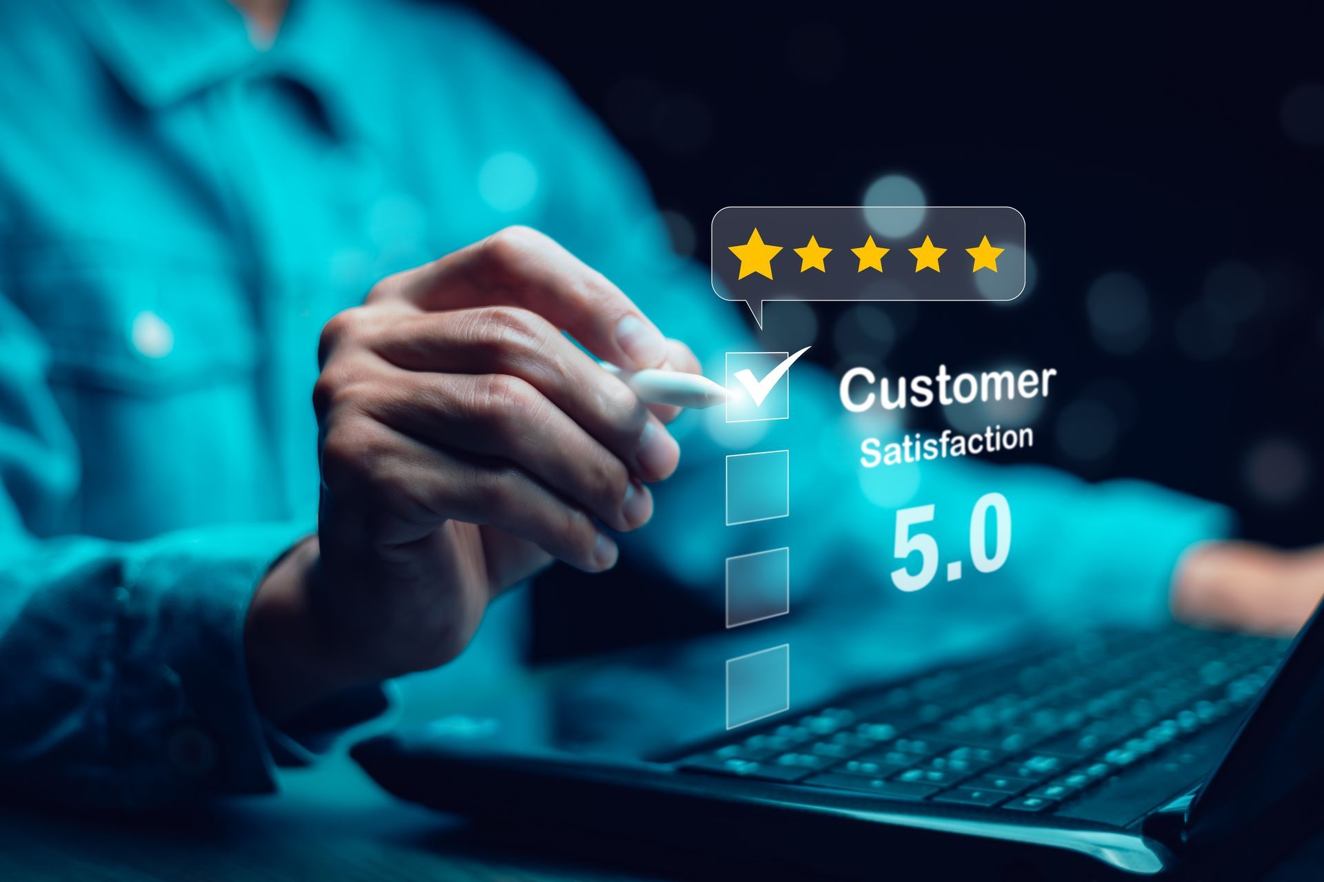Person filling out a customer satisfaction survey on a laptop, achieving a 5-star rating.