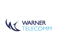 The logo for warner telecomm is blue and white.