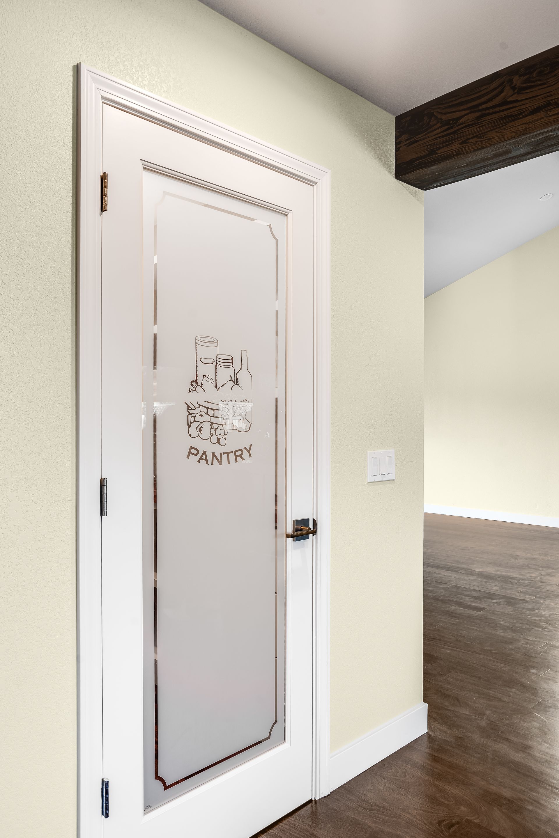 White pantry door with frosted glass panel,