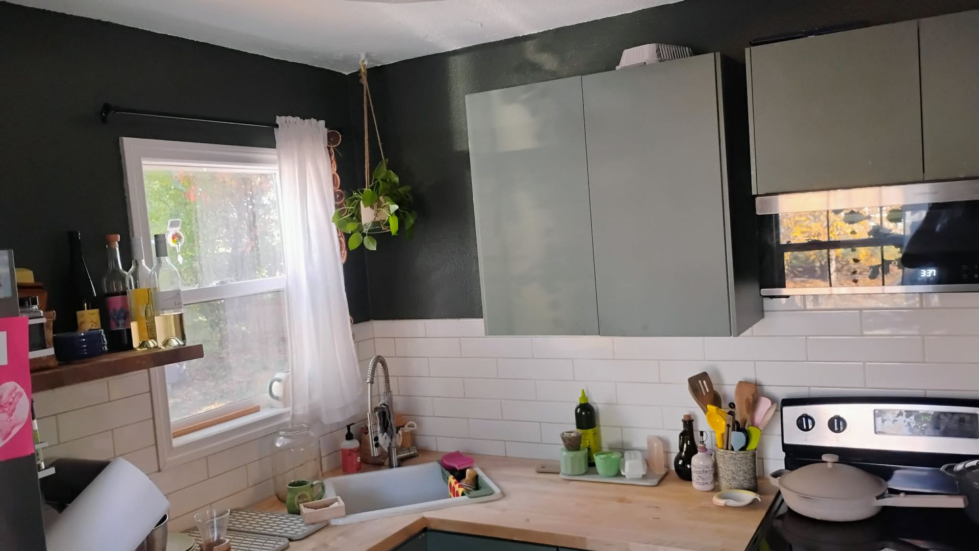 Kitchen with dark green walls, white backsplash, light green cabinets, sink, window, and hanging plant.