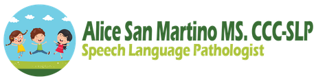 The logo for alice san martino ms ccc speech language pathologist