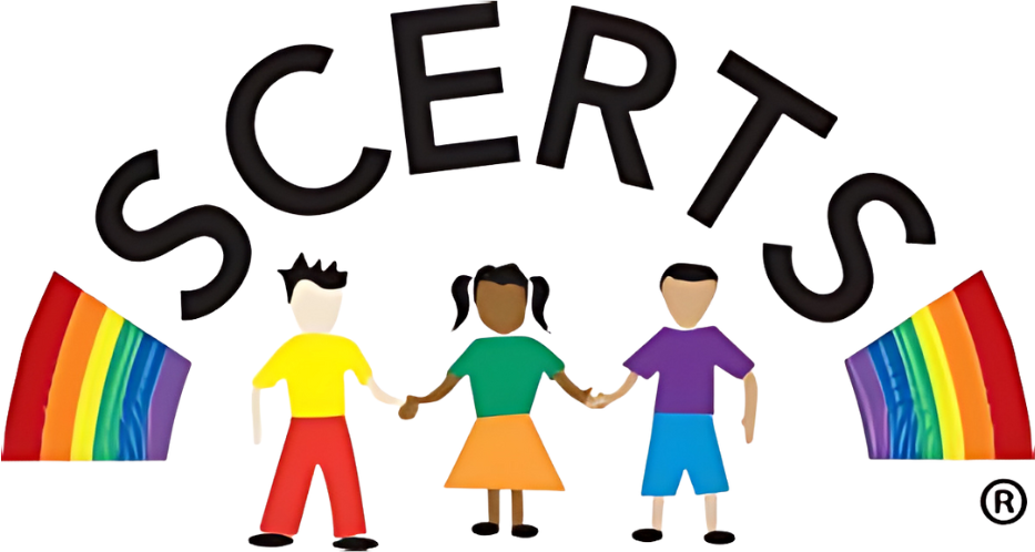 The logo for scerts shows three children holding hands in front of a rainbow.