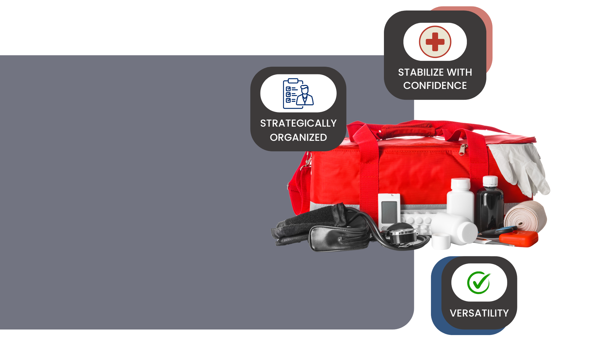 A red first aid kit is sitting on top of a gray surface.