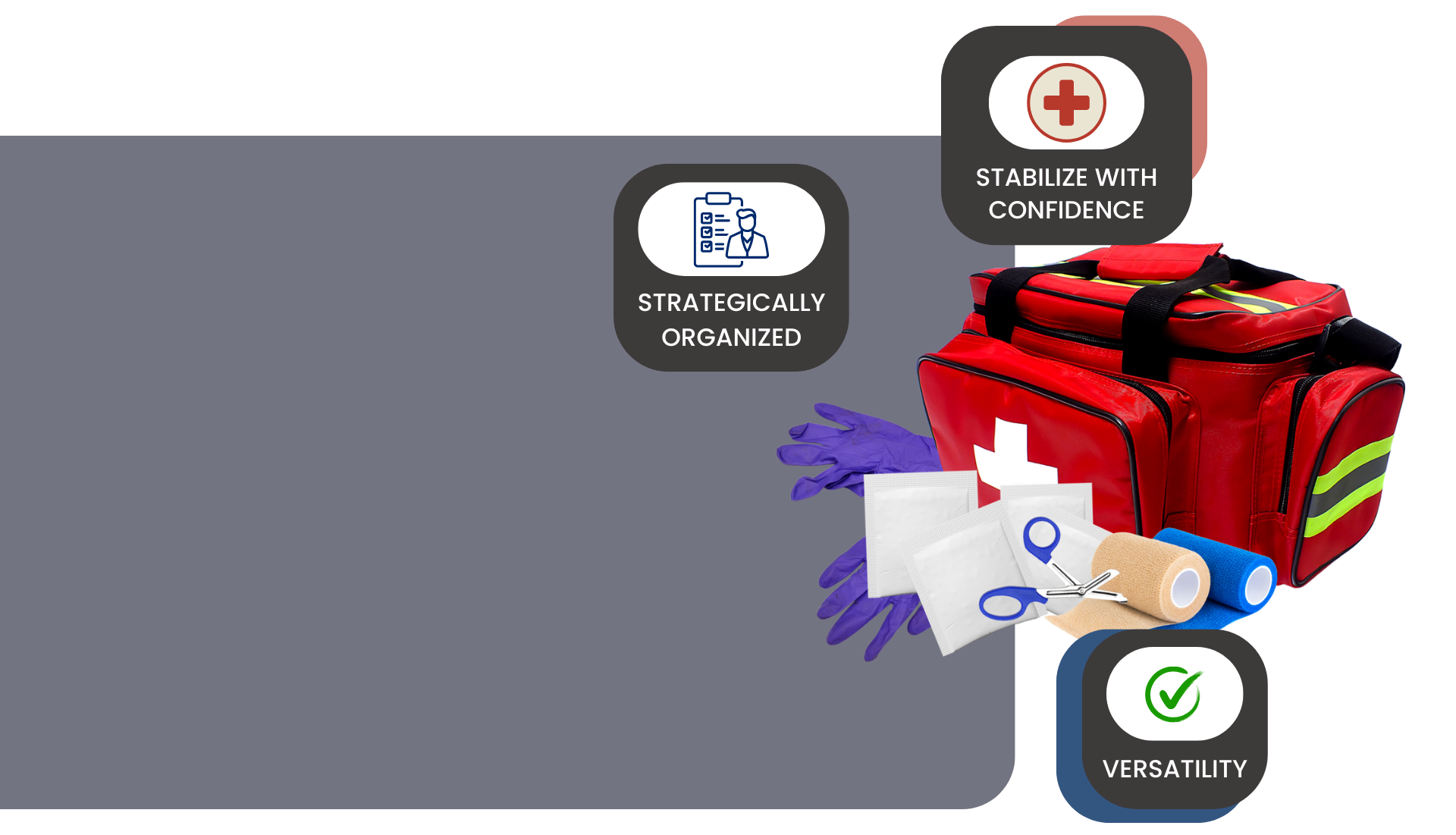 A red first aid kit is sitting on top of a gray surface.