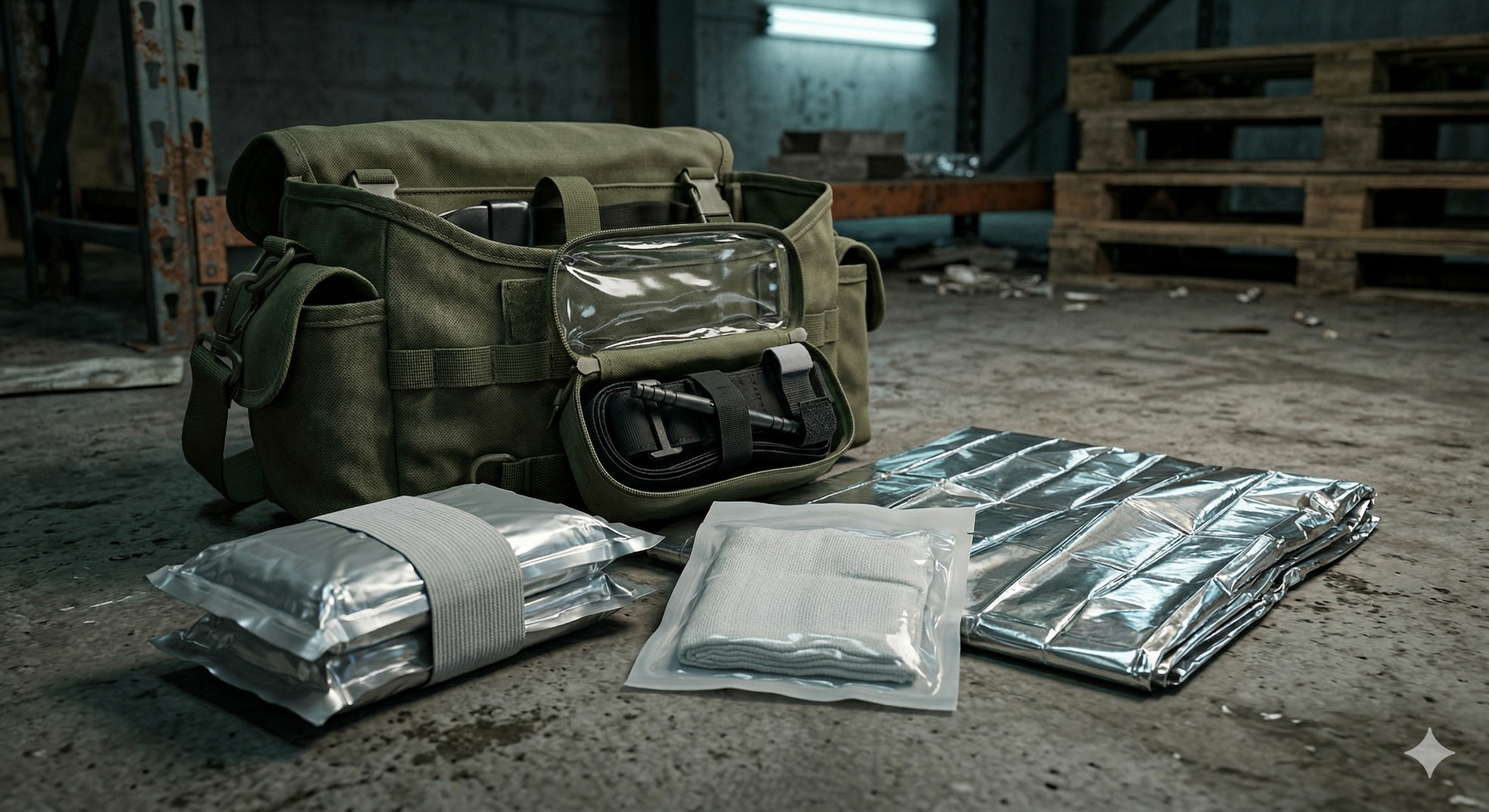 An olive green medical trauma bag sits on a concrete floor with sterile bandages and foil emergency blankets laid out.