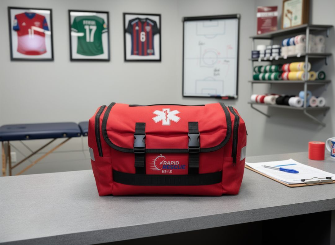 Red medical bag with white star symbol on table in medical setting.