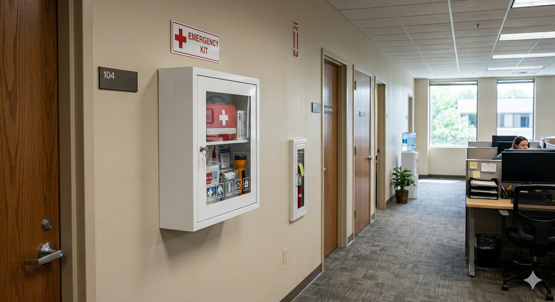 A hallway in an office building featuring a wall-mounted first aid kit and fire extinguisher cabinet near workstations.