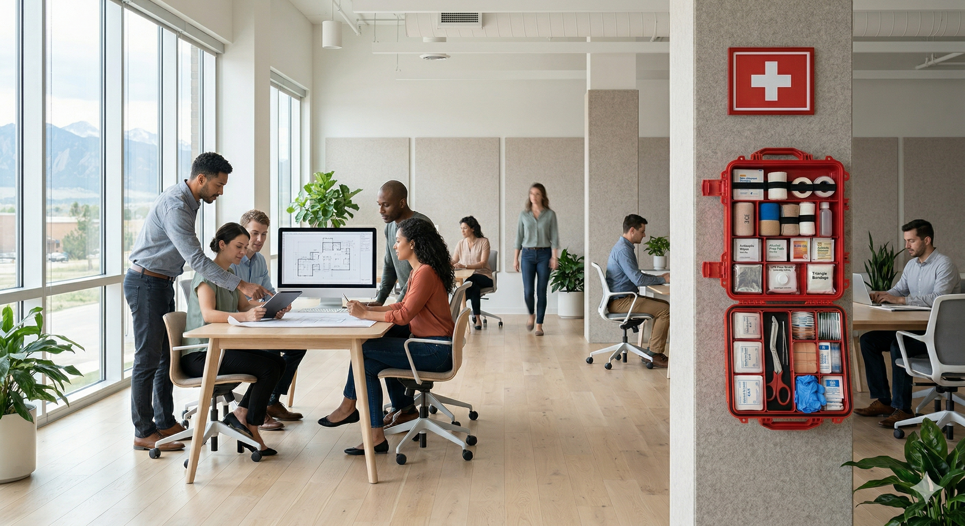 An office scene with people collaborating at desks and a wall-mounted red first aid kit prominently in the foreground.