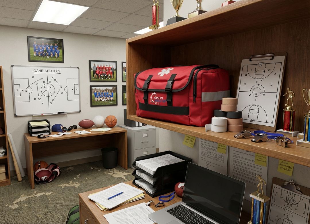 Coach's office with desk, first aid kit, sports equipment, trophies, and strategy boards.