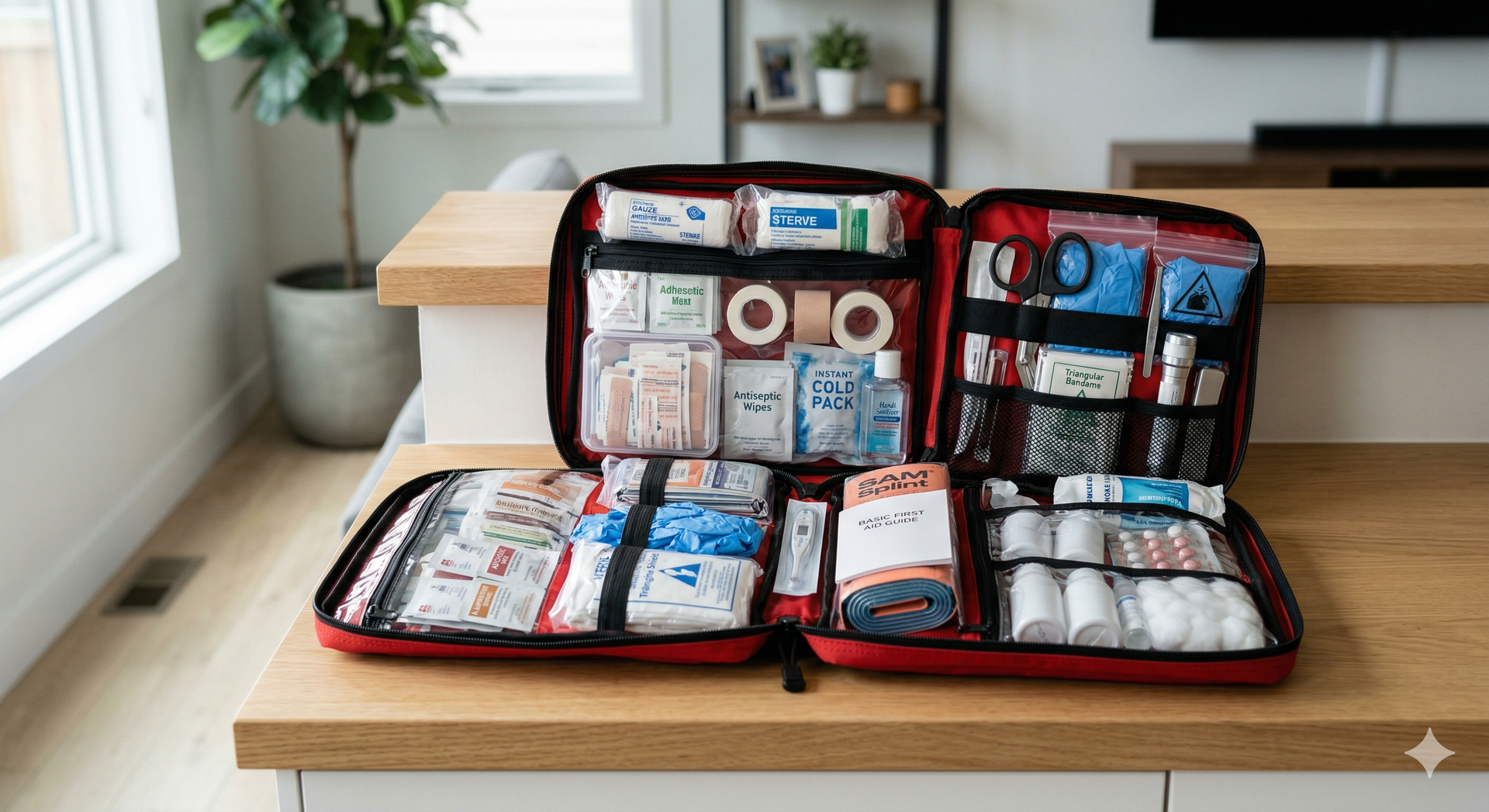 An open, red first aid kit filled with various medical supplies, organized in clear compartments on a wooden surface.