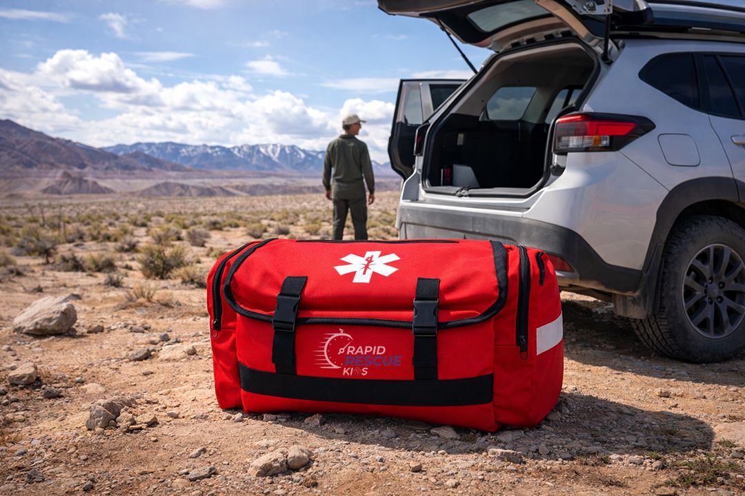 Rapid Rescue Kits emergency trauma bag stored in outdoor guide vehicle for rapid incident response
