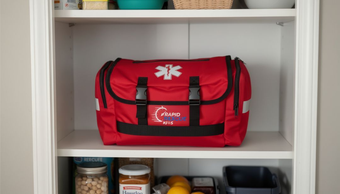 Red medical kit bag on a white shelf in a cabinet, with an emergency star symbol.