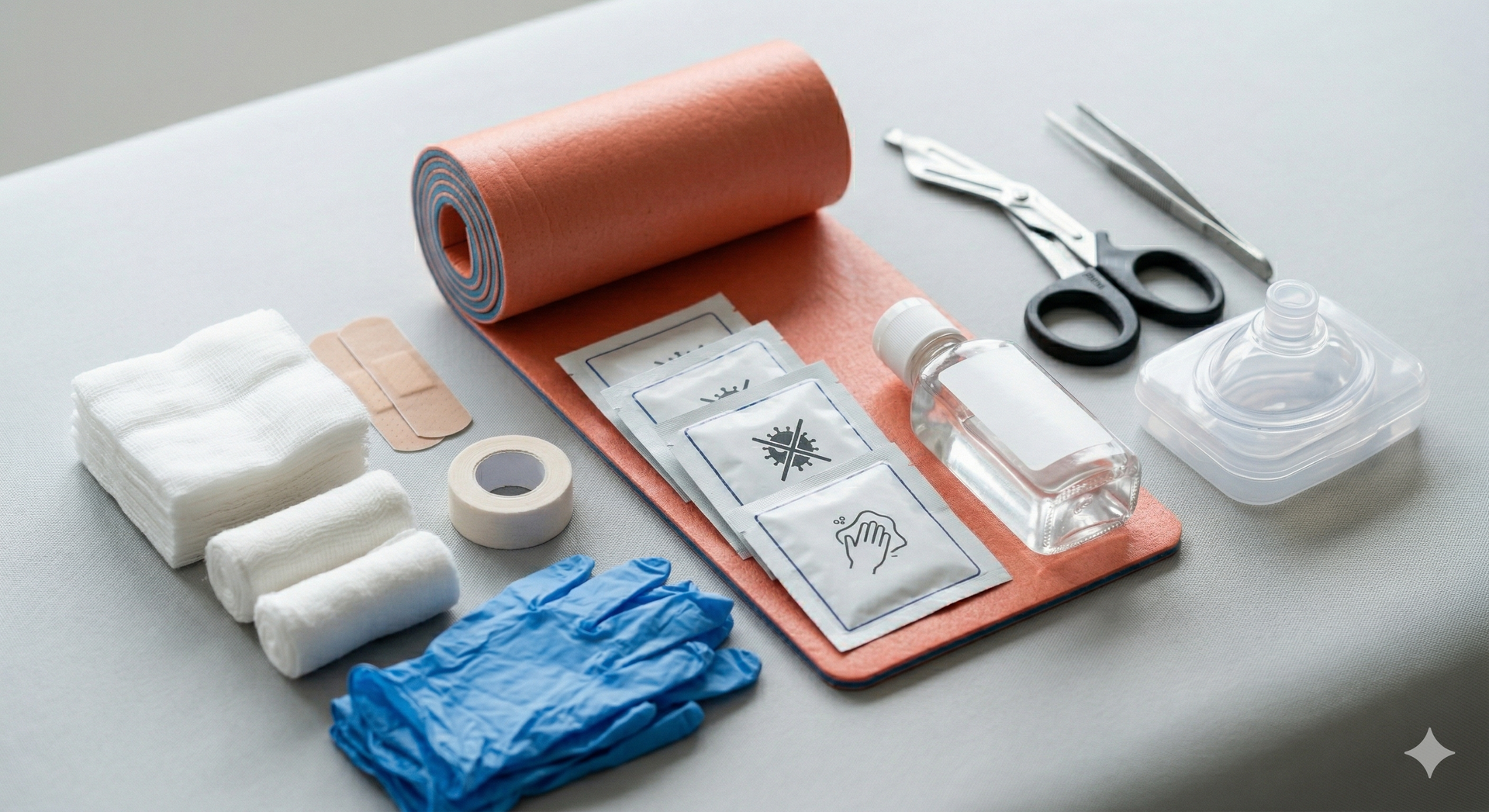 First aid supplies including bandages, gauze, gloves, scissors, tweezers, and a liquid bottle arranged on a gray surface.