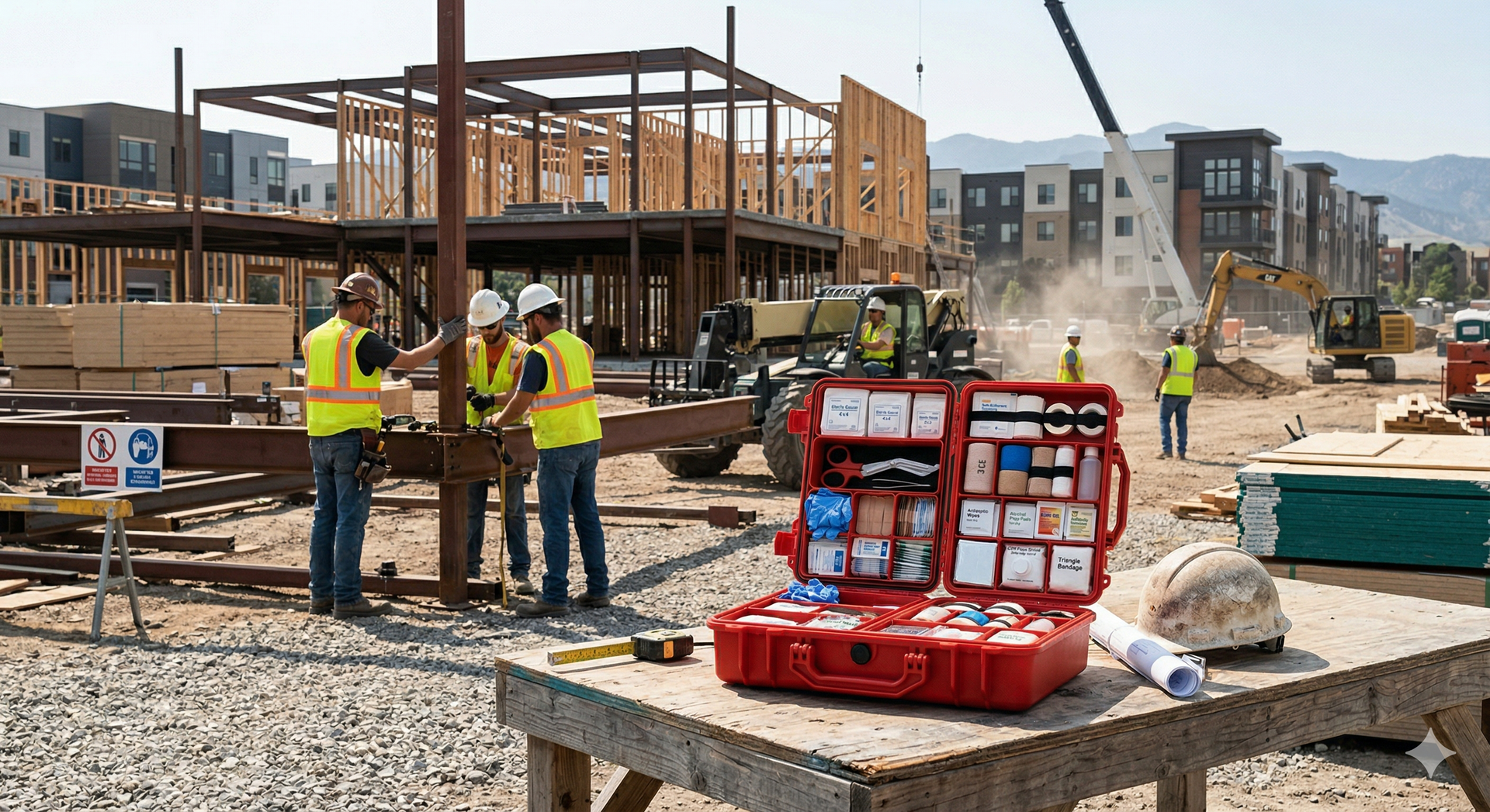 Workers in safety gear on a construction site next to an open, red first aid kit sitting on a wooden table.