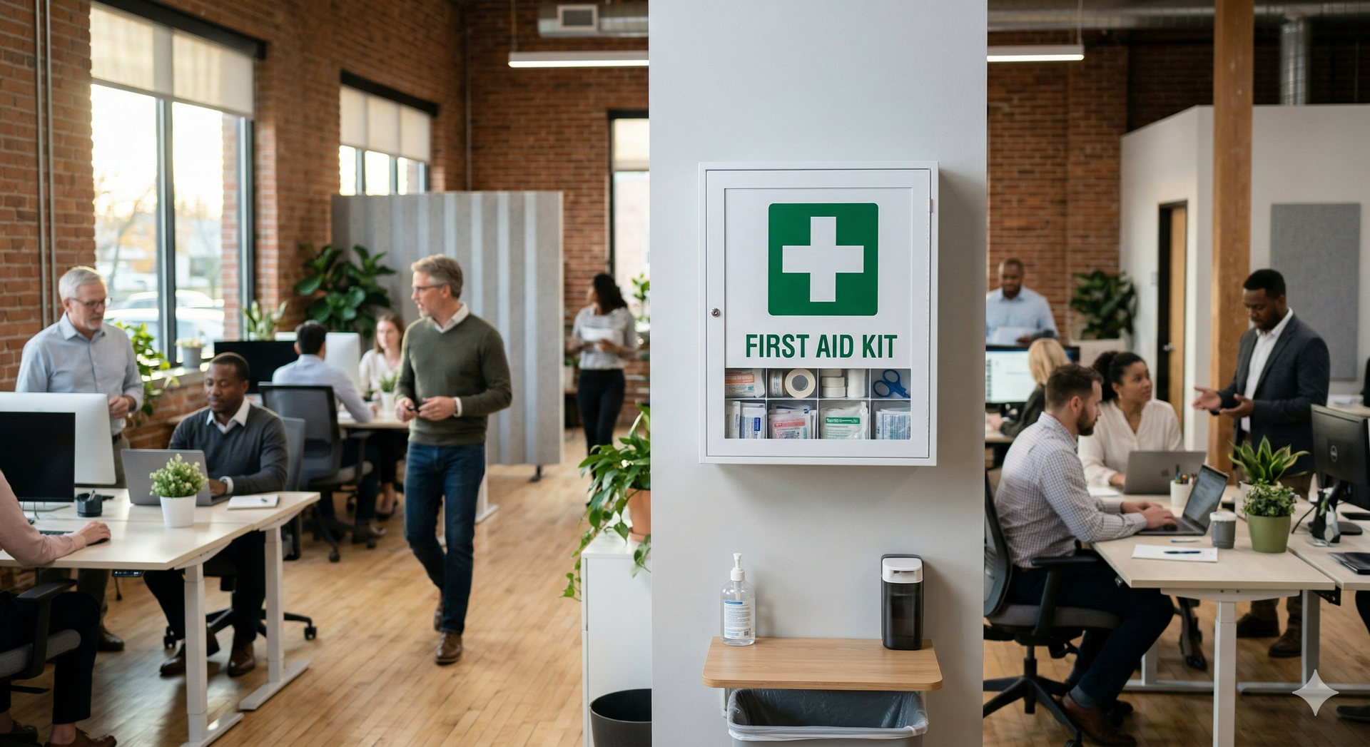 A busy office setting features a wall-mounted first aid kit in the foreground with people working at desks in the background.