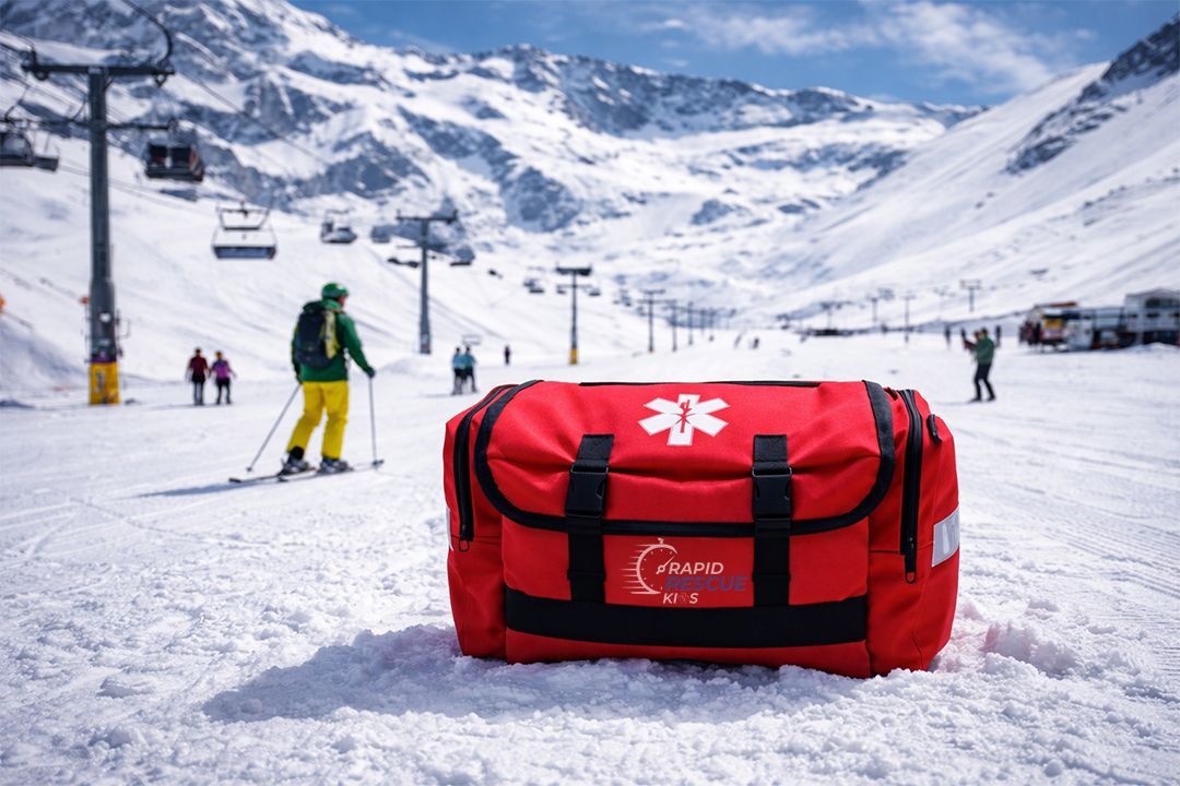 Rapid Rescue Kits trauma bag positioned at ski resort safety station for fast mountain emergency response