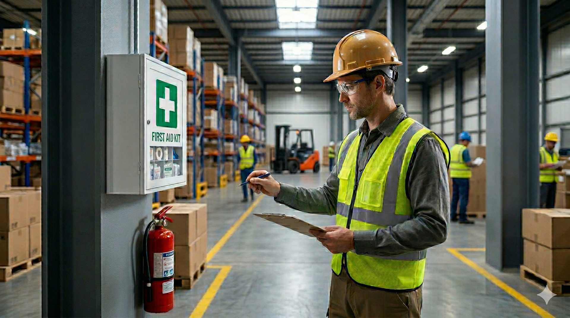 A warehouse worker in a yellow safety vest and hard hat holds a clipboard near a wall-mounted first aid kit and extinguisher.