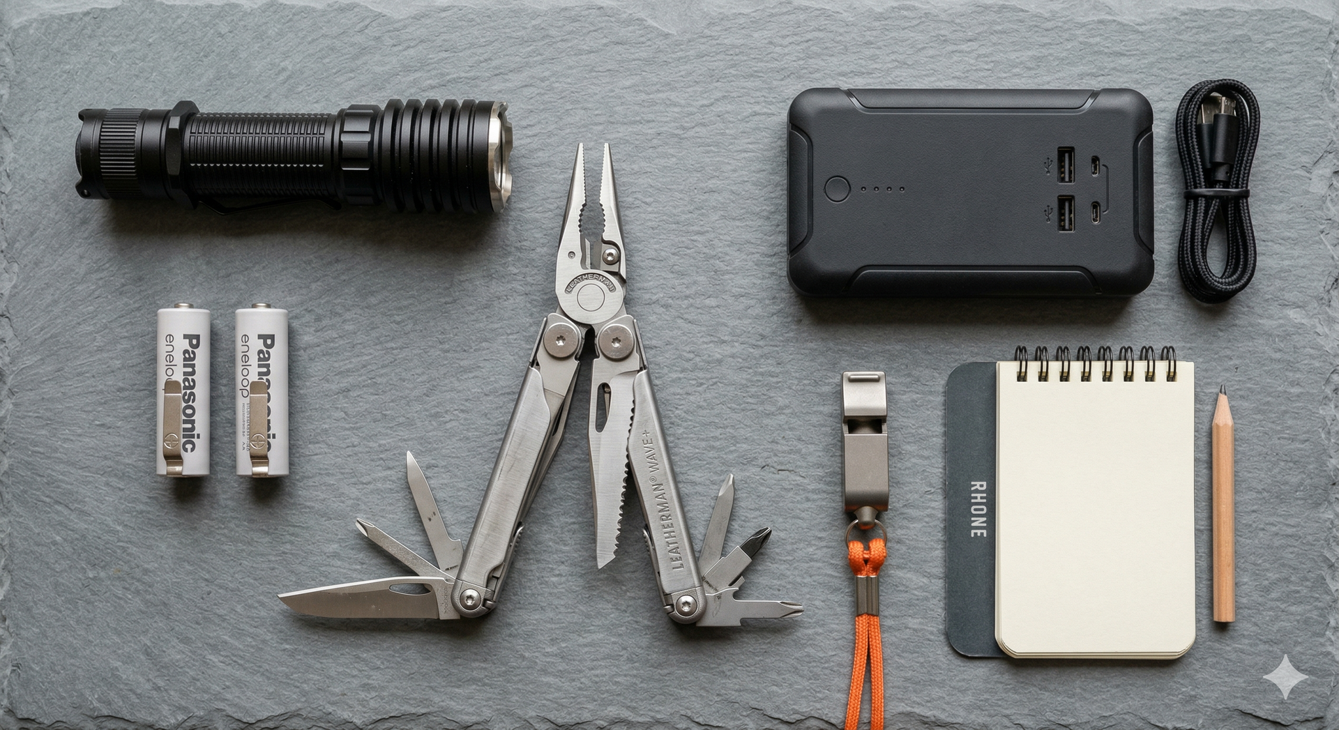 An assortment of survival gear including a flashlight, batteries, multi-tool, power bank, cable, whistle, notepad, and pen.