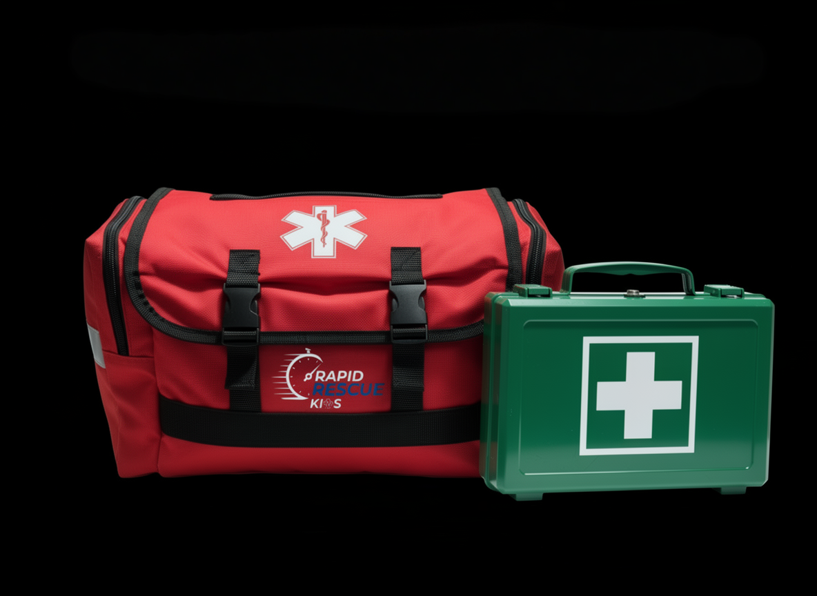 Red medical bag and green first aid kit on black background.