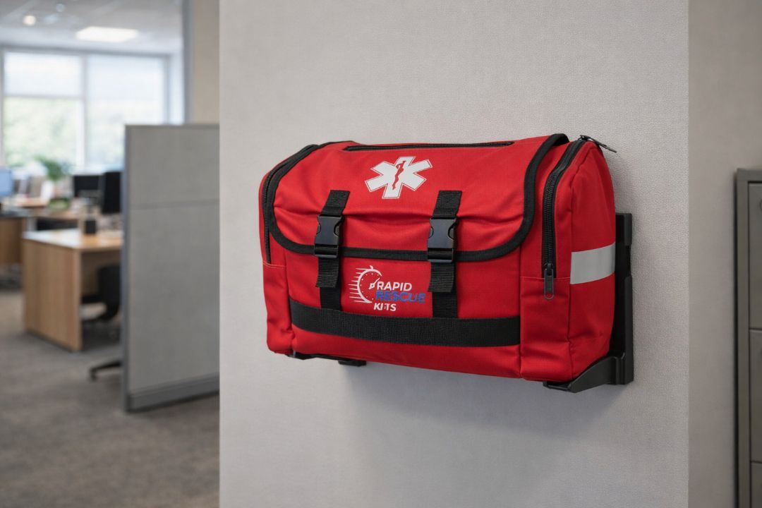 Rapid Rescue Kits emergency trauma bag mounted on office wall for fast workplace emergency response