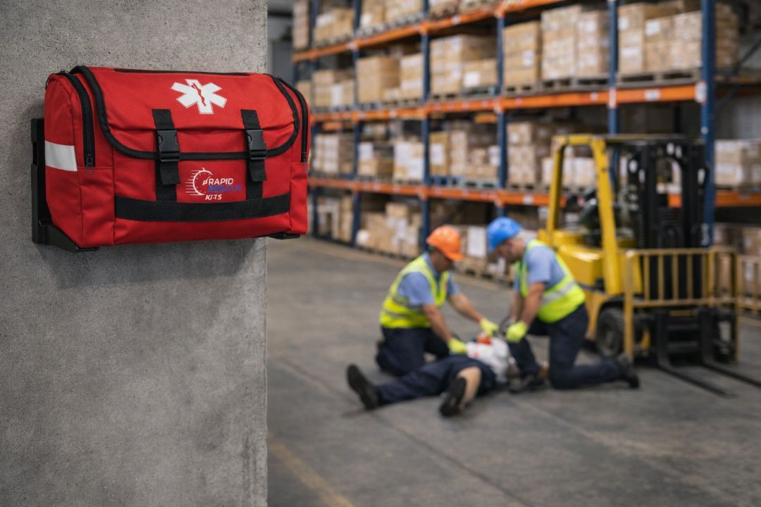 Rapid Rescue Kits trauma bag mounted in warehouse for quick employee emergency response and safety preparedness