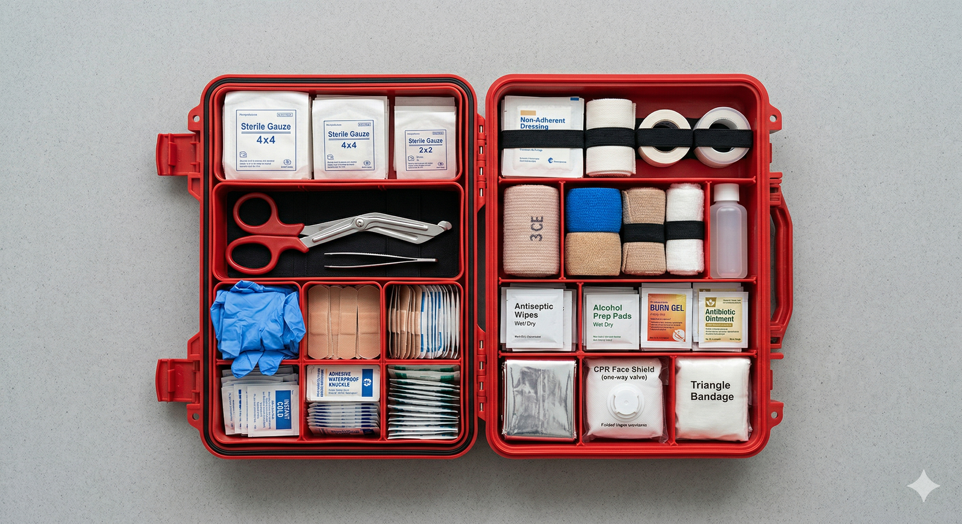 A red, open first aid kit case organized with various medical supplies, bandages, and tools in separate compartments.