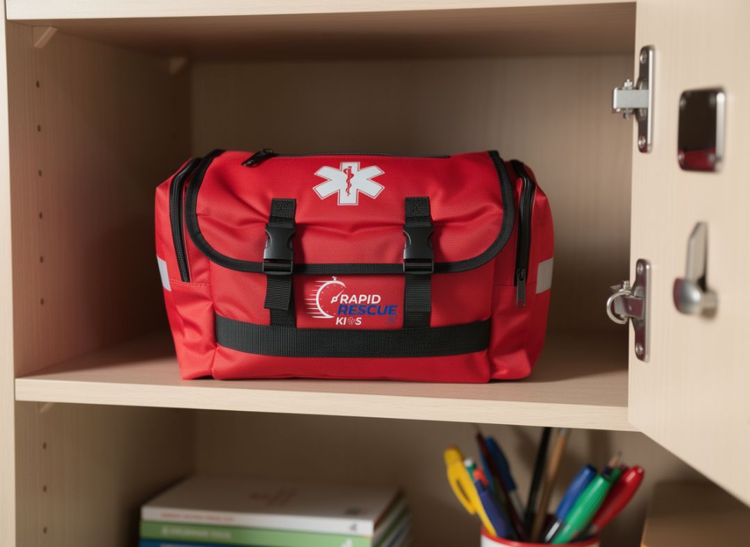 Red first aid kit with a white medical symbol inside a school locker.
