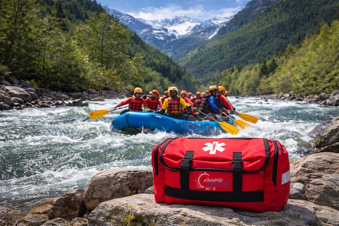 Rapid Rescue Kits emergency trauma kit staged near whitewater rafting launch area for guide emergency preparedness