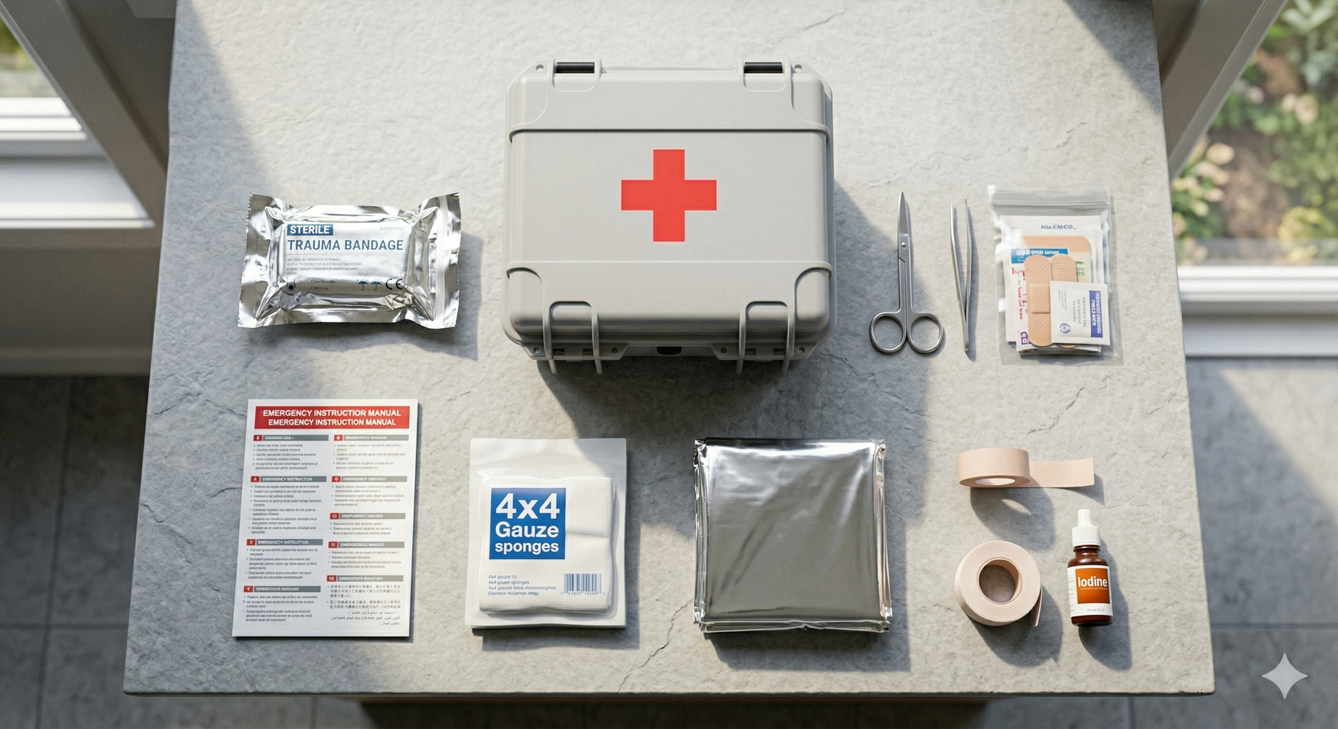 First aid kit and various medical supplies like bandages, scissors, and ointment laid out on a gray surface.