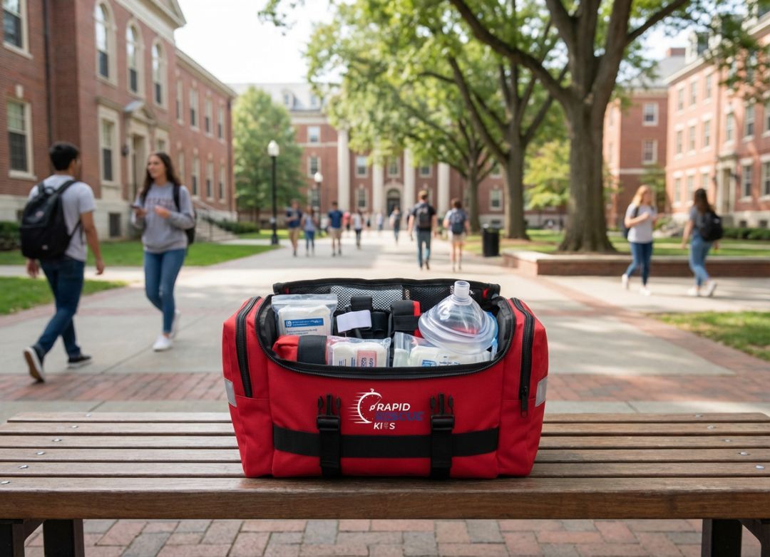 Red medical bag on a bench in front of a university building with students walking.