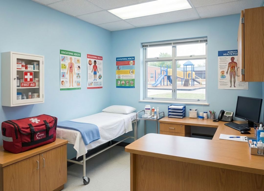 Medical examination room with a bed, desk, and first aid kit, overlooking a playground.