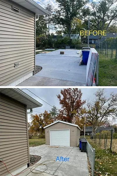 A before and after picture of a house with a garage.