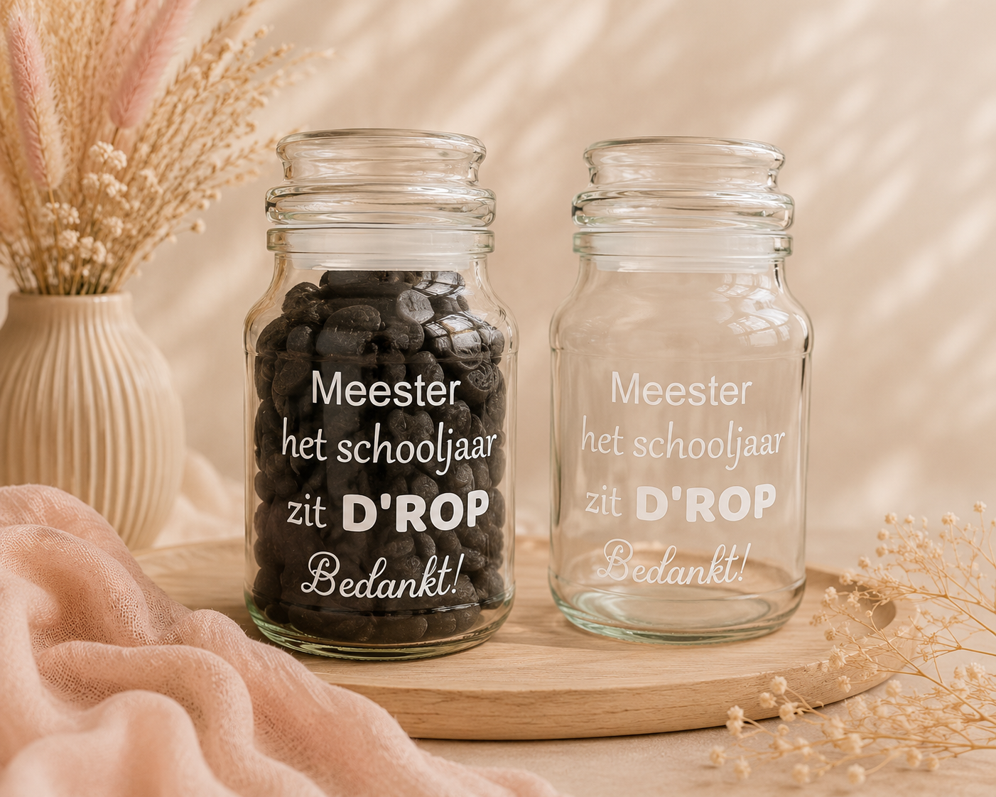 snoeppot met tekst, afscheid schooljaar meester, juf, bedankt