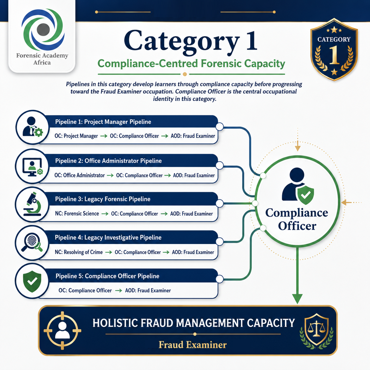 Compliance-Centred Forensic Capacity
These pipelines develop learners through compliance capacity before progressing toward the Fraud Examiner occupation. Compliance Officer is the central occupational identity in this category.