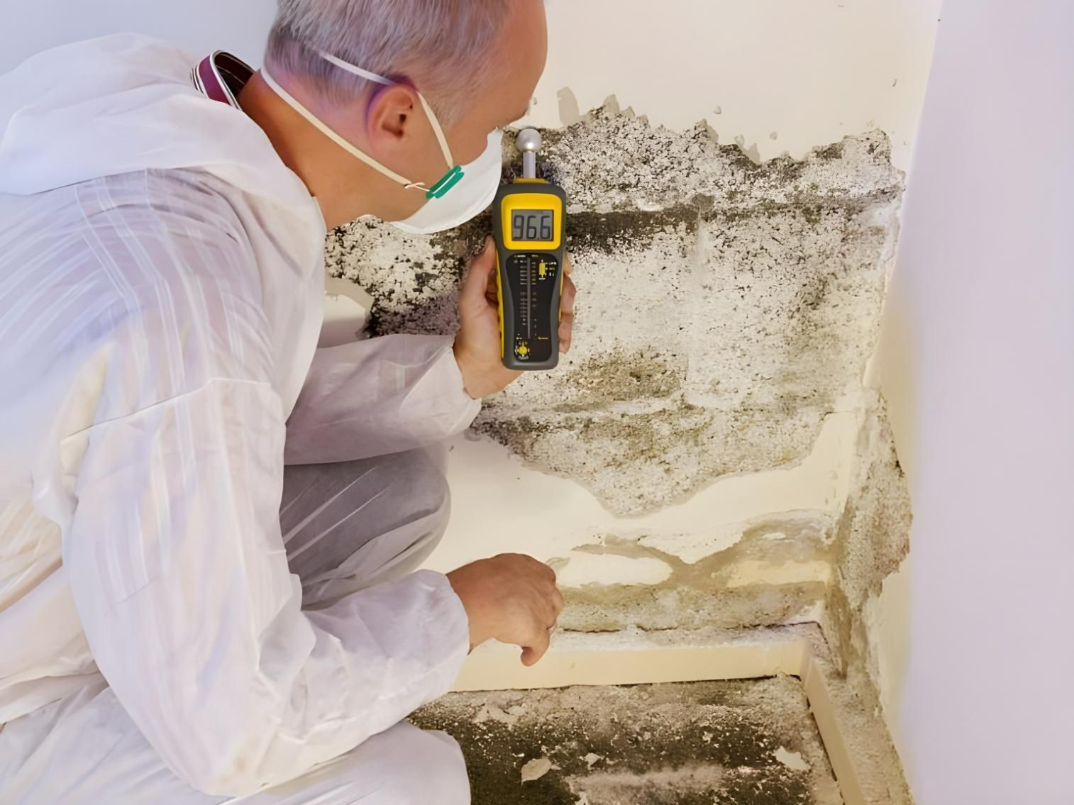 A Man Wearing a Mask is Using a Digital Thermometer to Check for Mold on a Wall — Husky Demolition In Heatherbrae, NSW