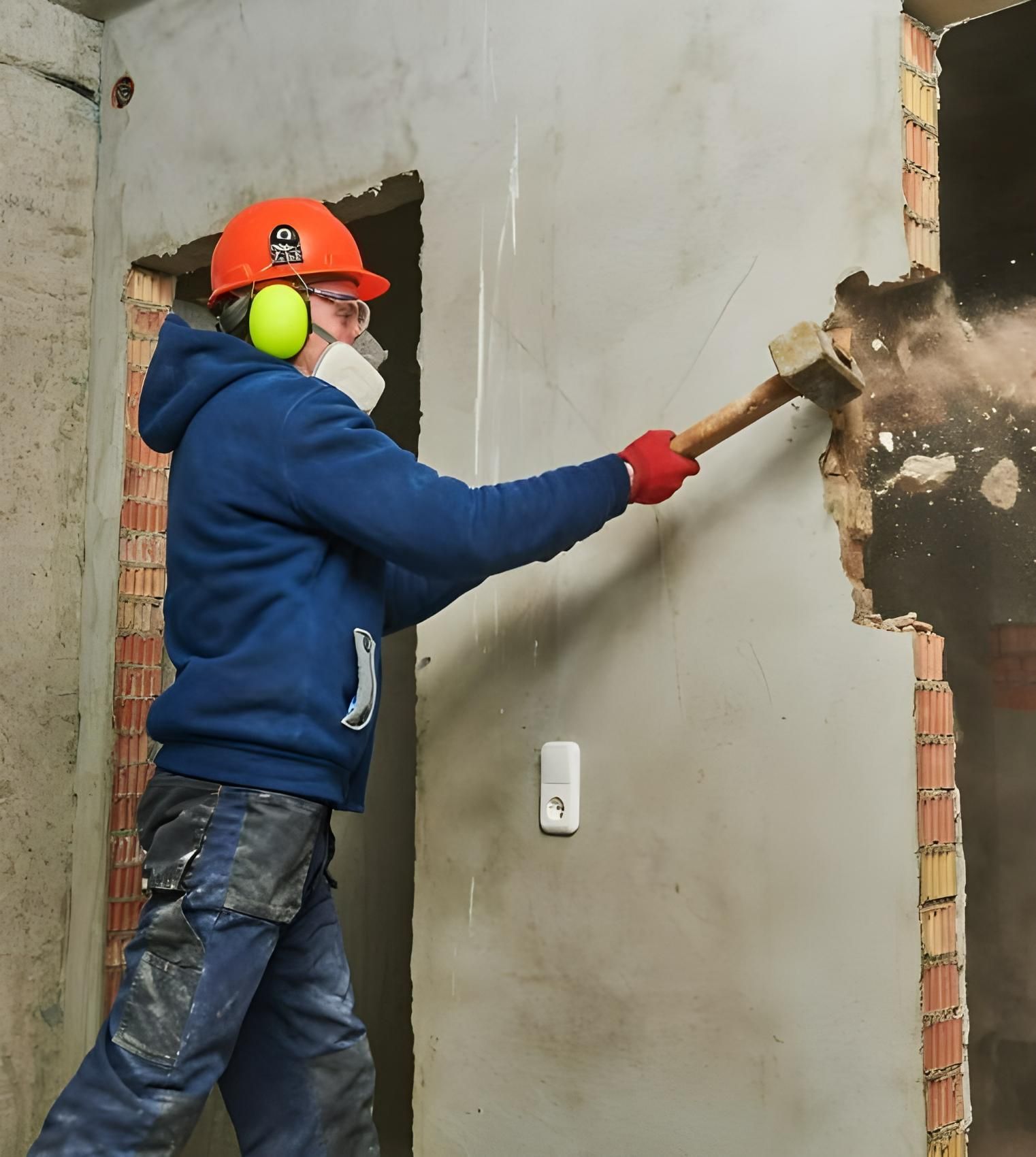 A Man Wearing a Hard Hat and Ear Muffs is Holding a Hammer — Husky Demolition In Heatherbrae, NSW