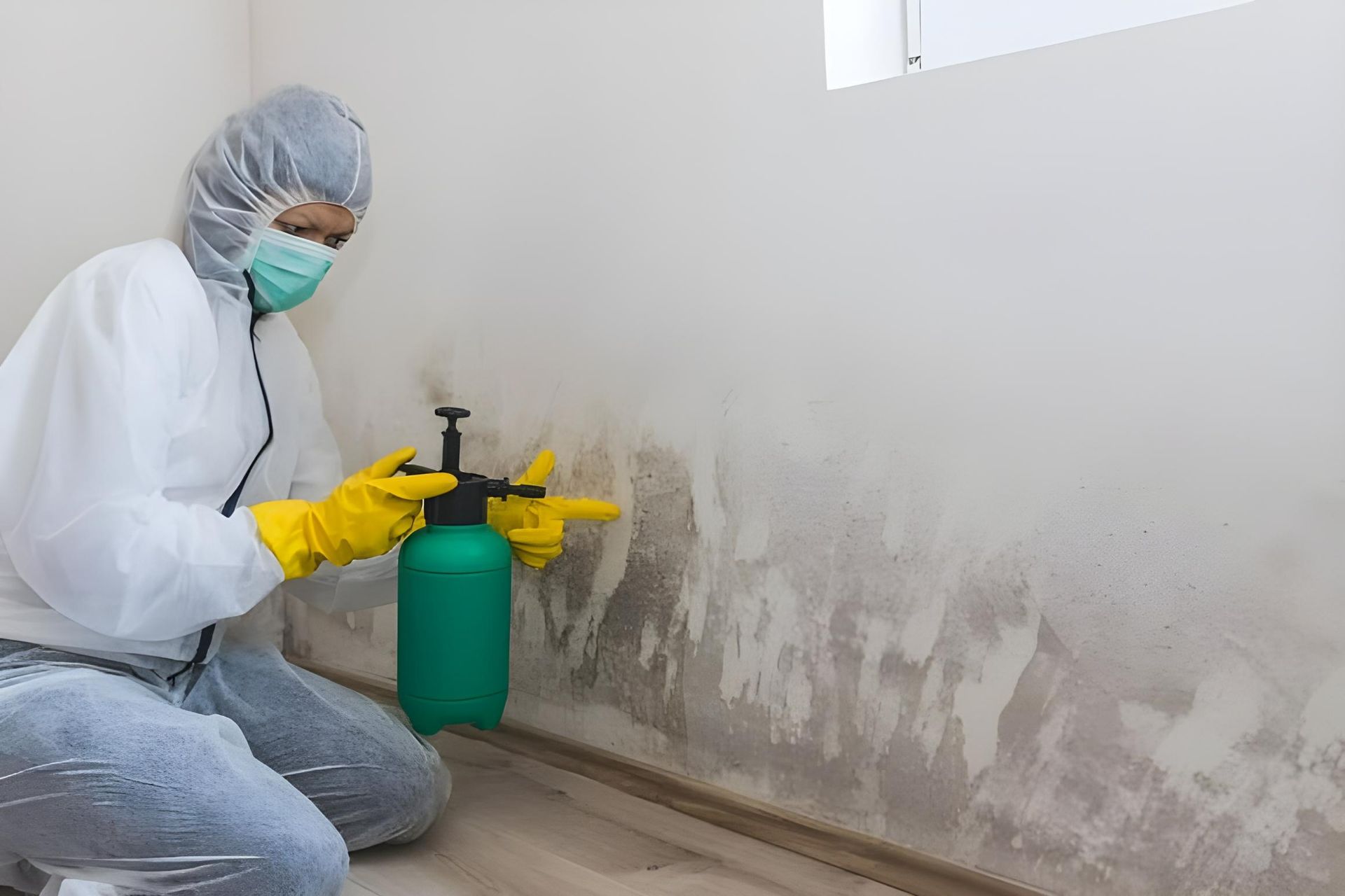 A Man in a Protective Suit is Spraying Mold on a Wall — Husky Demolition In Heatherbrae, NSW