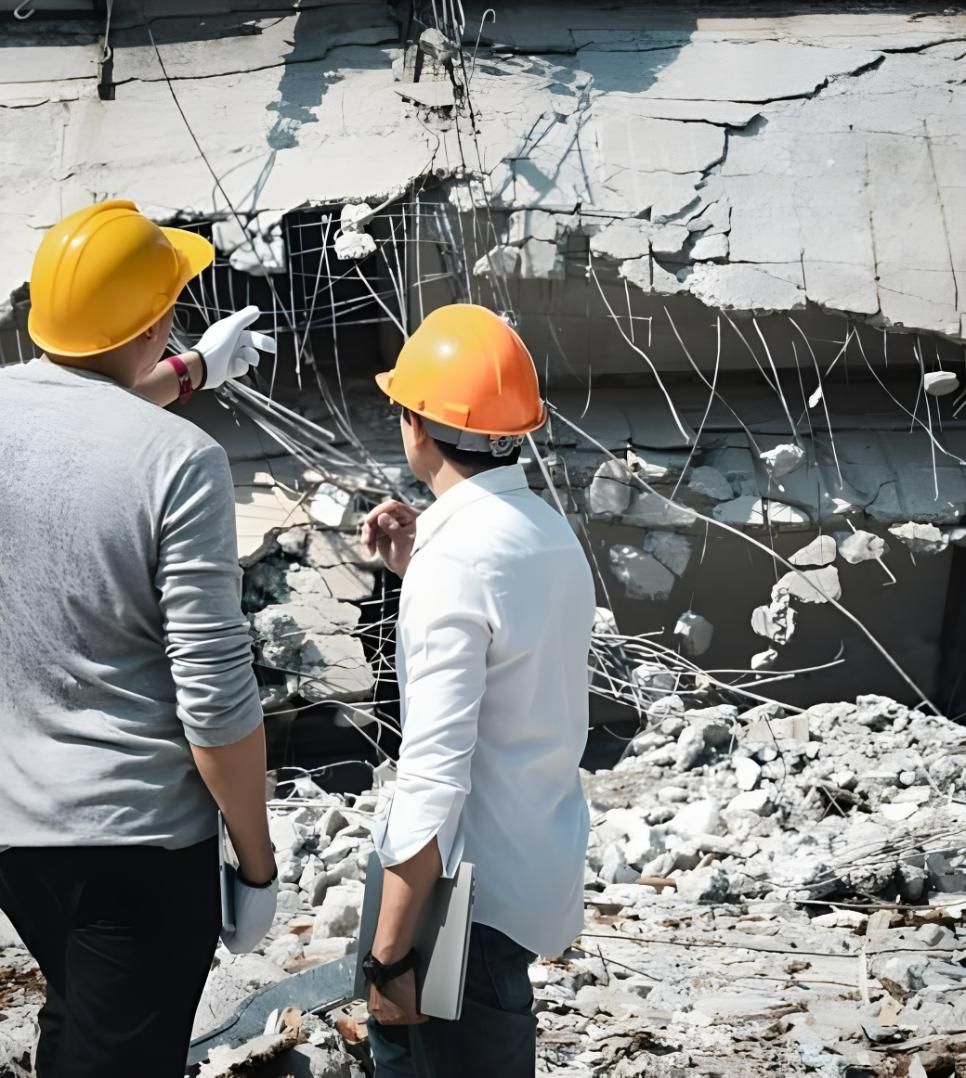 Two Men Wearing Hard Hats Are Standing in Front of a Concrete Wall — Husky Demolition In Heatherbrae, NSW