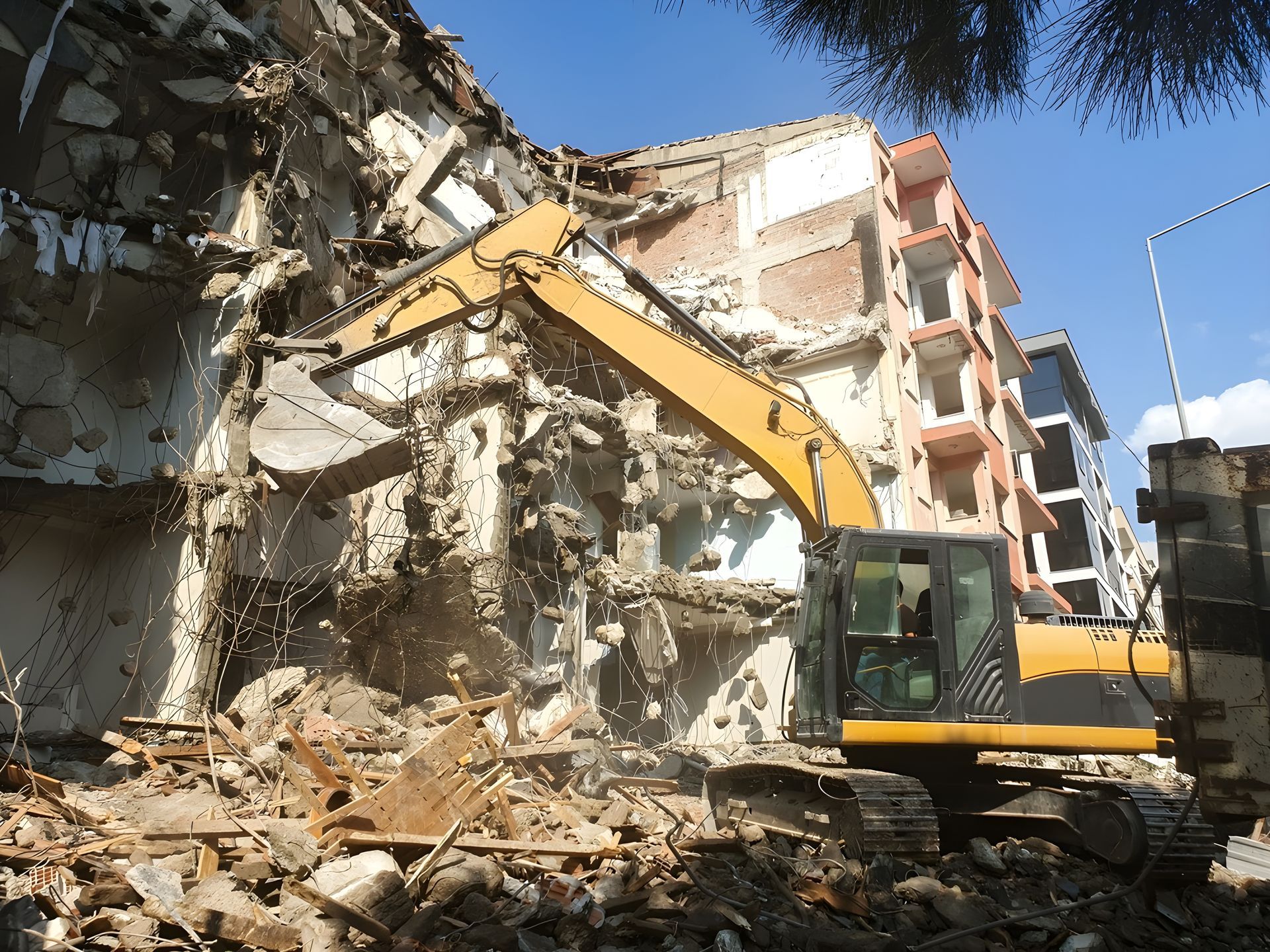 A large yellow excavator is demolishing a building — Husky Demolition In Heatherbrae, NSW