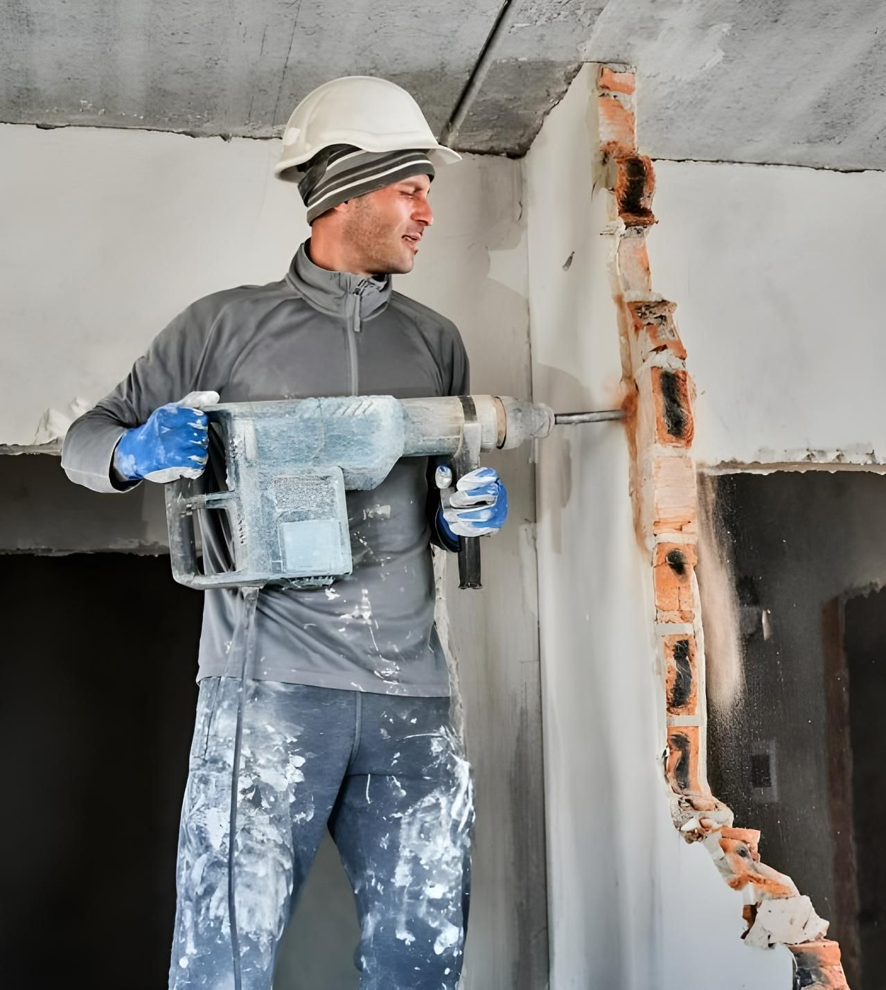 A Man Wearing a Hard Hat is Using a Hammer to Break a Wall — Husky Demolition In Heatherbrae, NSW
