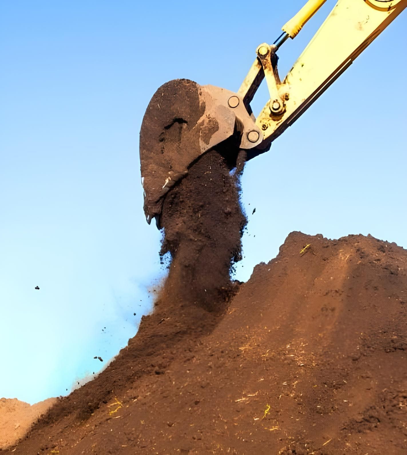 A Yellow Excavator is Scooping Dirt From a Pile — Husky Demolition In Heatherbrae, NSW