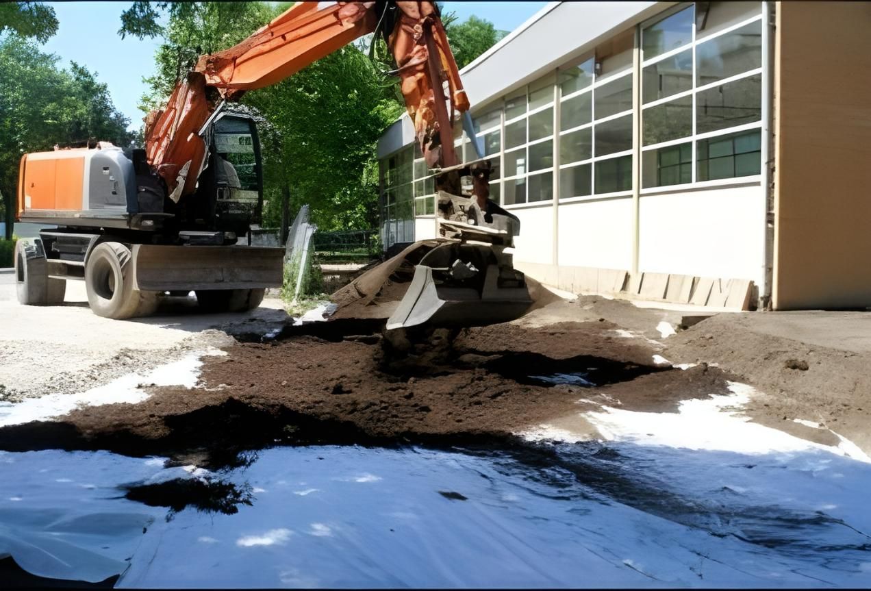 An Excavator is Digging a Hole in the Ground in Front of a Building — Husky Demolition In Heatherbrae, NSW