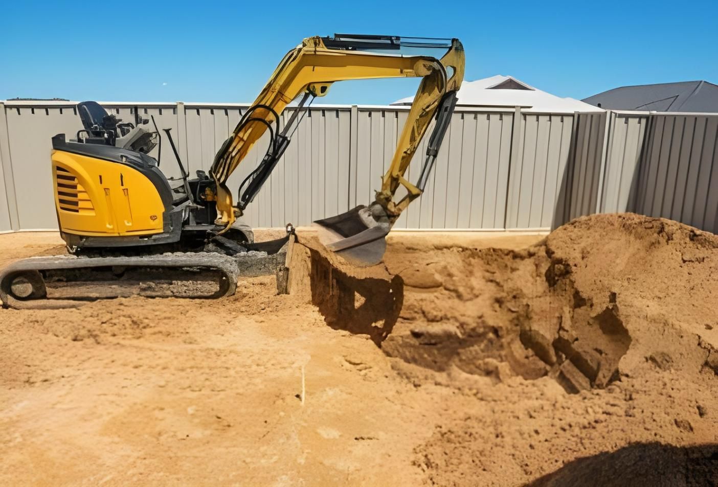 A Yellow Excavator is Digging a Hole in the Ground — Husky Demolition In Heatherbrae, NSW