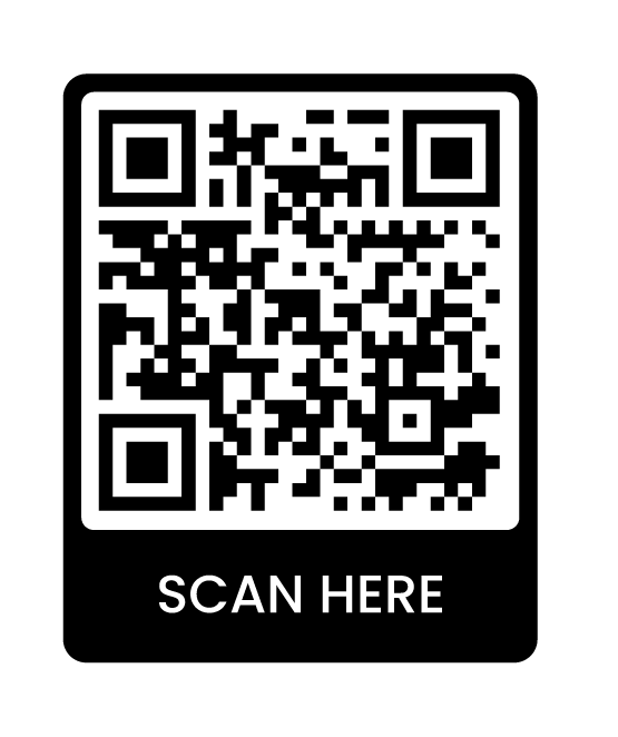 A black and white qr code with the words `` scan here '' on it.