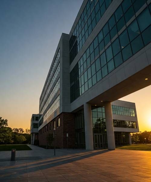 A large building with a lot of windows at sunset
