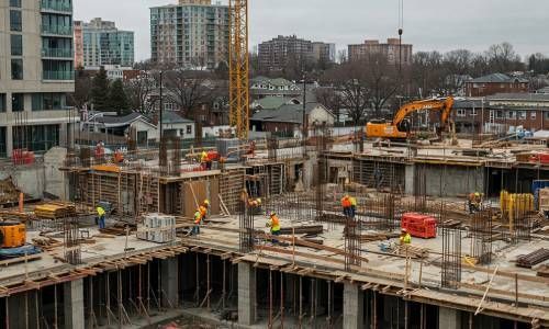 A large construction site with a lot of workers and machinery.