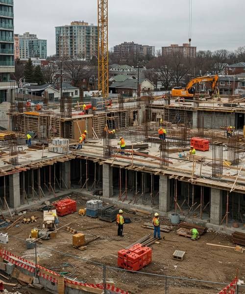 An aerial view of a construction site with workers