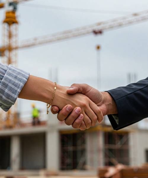 A man and a woman are shaking hands in front of a construction site.