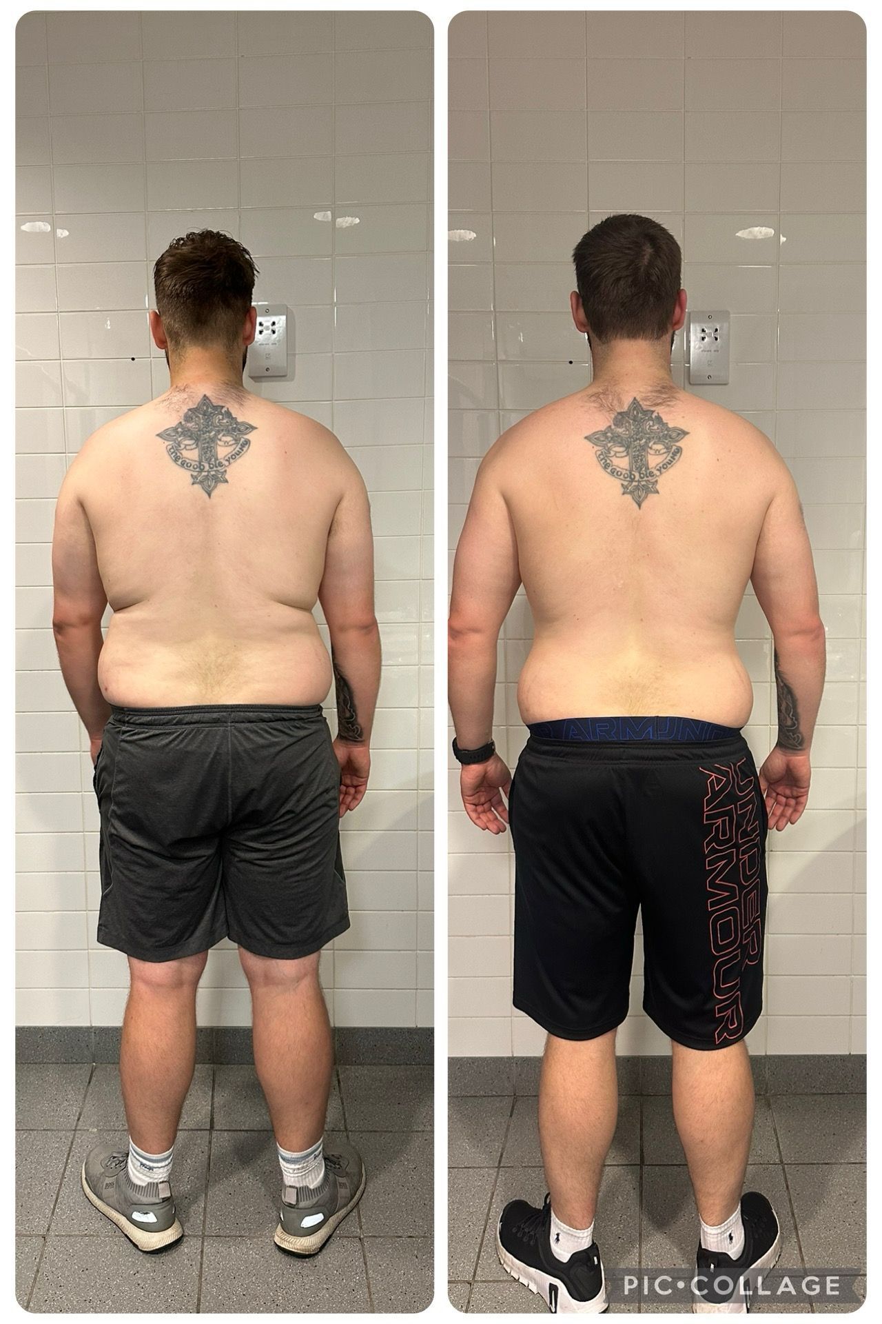 A before and after picture of a man.