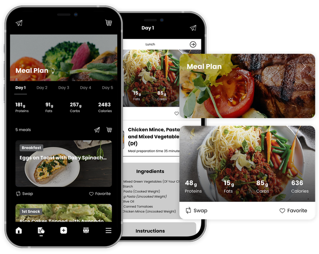 A collage of three cell phones with a meal plan app on them.